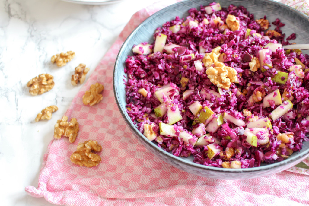 Red Cabbage and Pear Salad with Walnuts - plant based, vegan, gluten free, raw