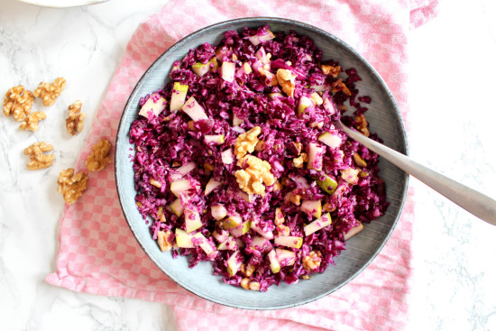 Red Cabbage and Pear Salad with Walnuts - plant based, vegan, gluten free, raw