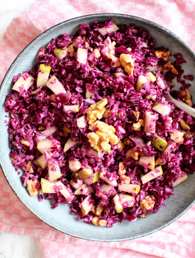 Red Cabbage and Pear Salad with Walnuts - plant based, vegan, gluten free, raw