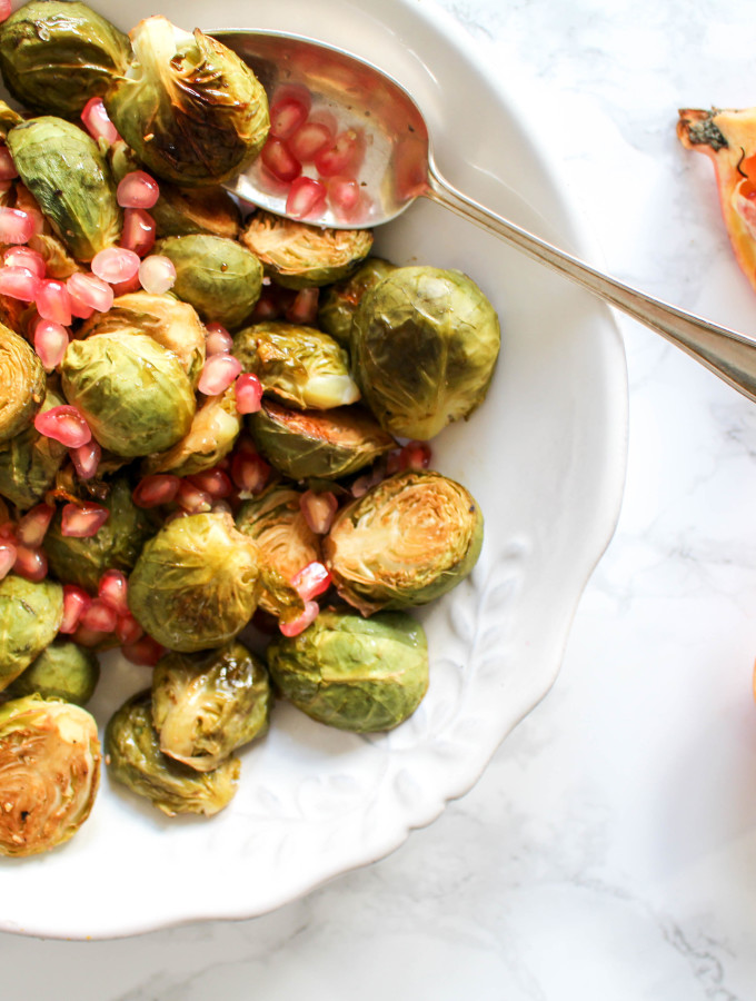 Honey Roasted Brussel Sprouts with Pomegranate Seeds - plant-based, gluten free, refined sugar free - heavenlynnhealthy.com