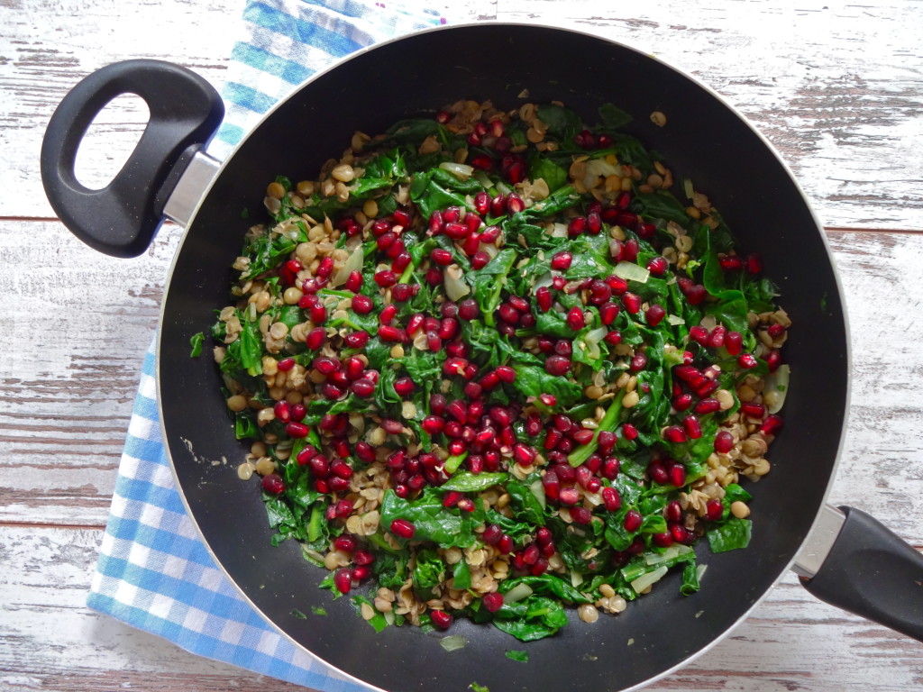 Sautéed Spinach with Lentils and Pomegranate