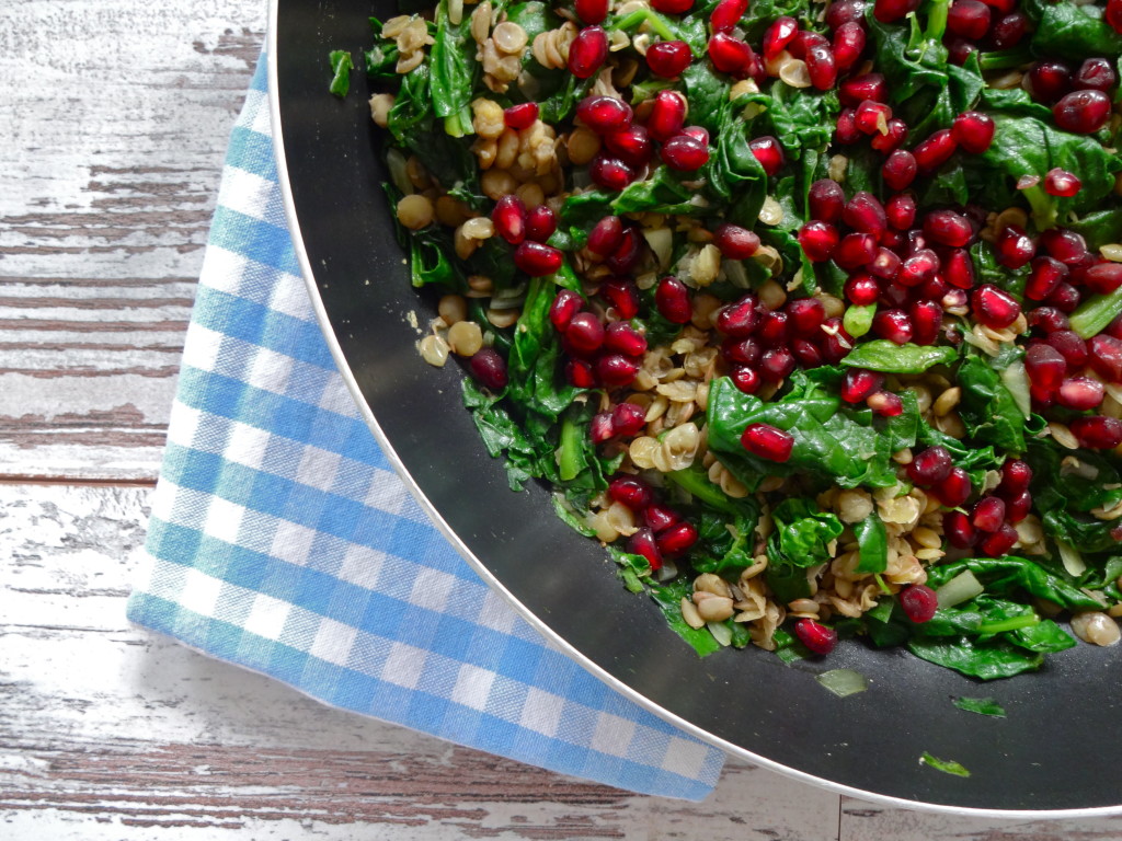Sautéed Spinach with Lentils and Pomegranate