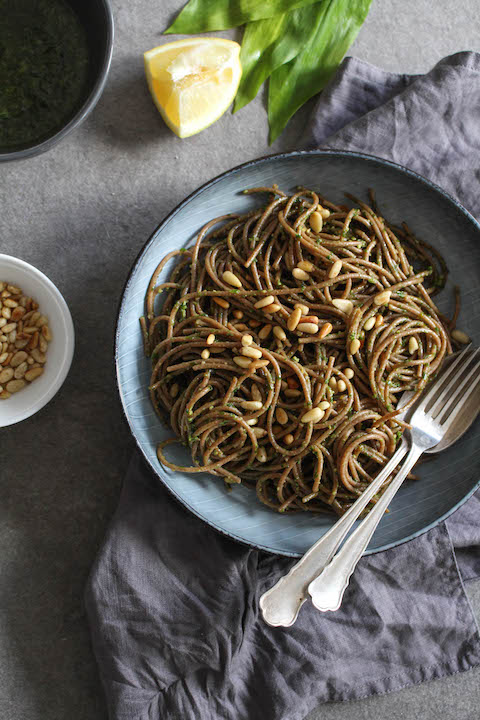 Wild garlic pesto with spelt pasta - plant based, refined sugar free, vegan - heavenlynnhealthy.com