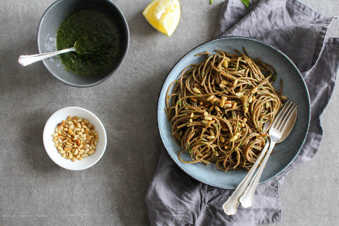 Wild garlic pesto with spelt pasta - Heavenlynn Healthy