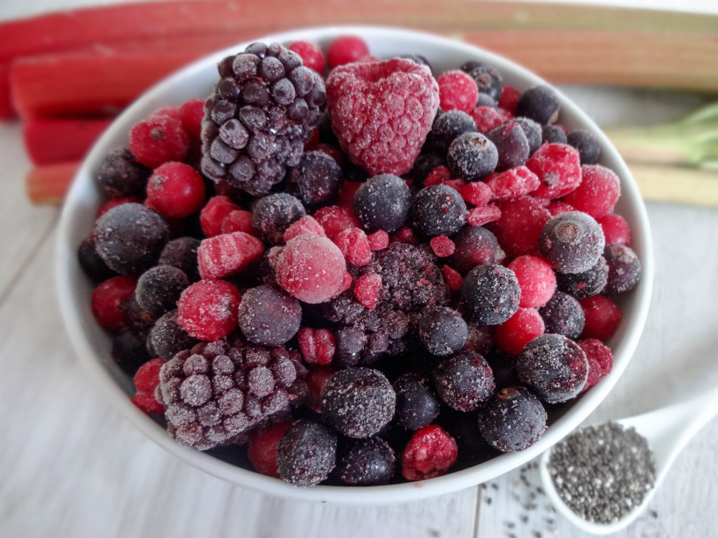 Berry Chia Pudding with Rhubarb and Vanilla Almond Milk