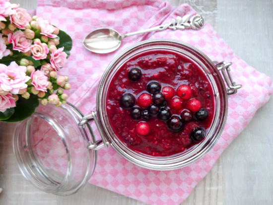 Berry Chia Pudding with Rhubarb and Vanilla Almond Milk