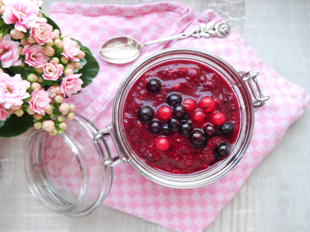 Berry Chia Pudding with Rhubarb and Vanilla Almond Milk