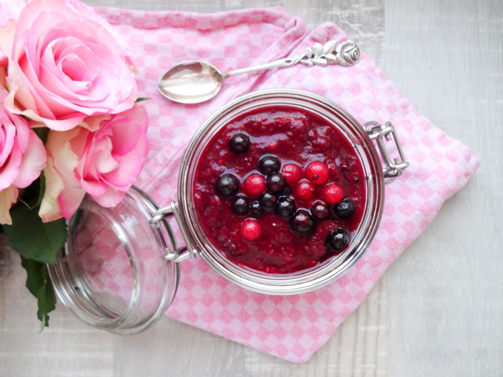 Berry Chia Pudding with Rhubarb and Vanilla Almond Milk