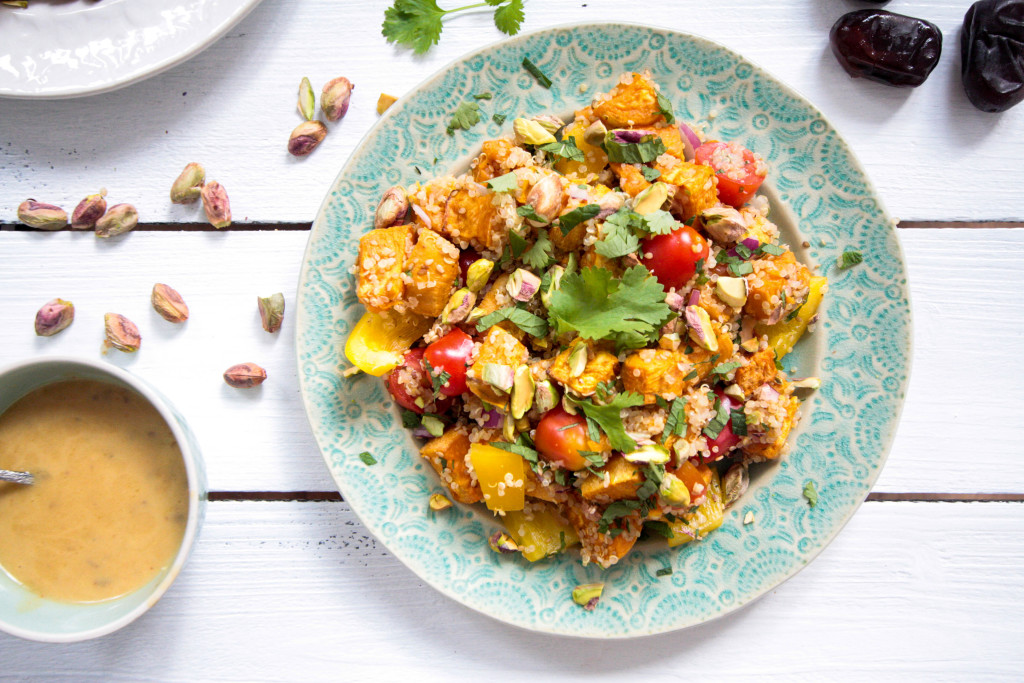 Sesame Roasted Sweet Potatoes and Quinoa Salad with Pistachios and Date-Dijon-Dressing