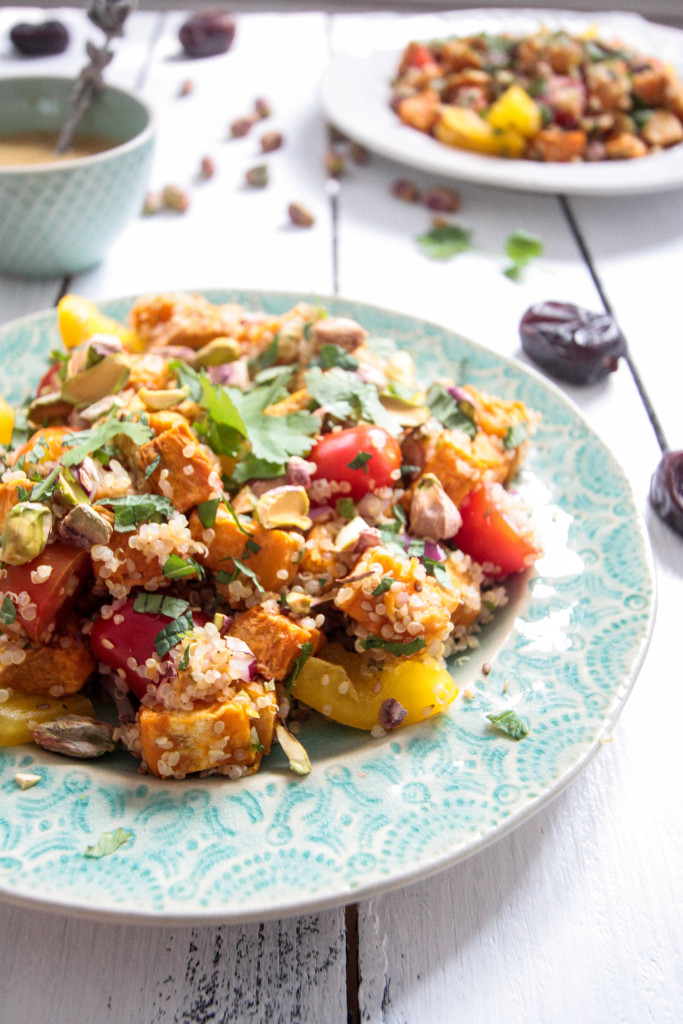 Sesame Roasted Sweet Potatoes and Quinoa Salad with Pistachios and Date-Dijon-Dressing