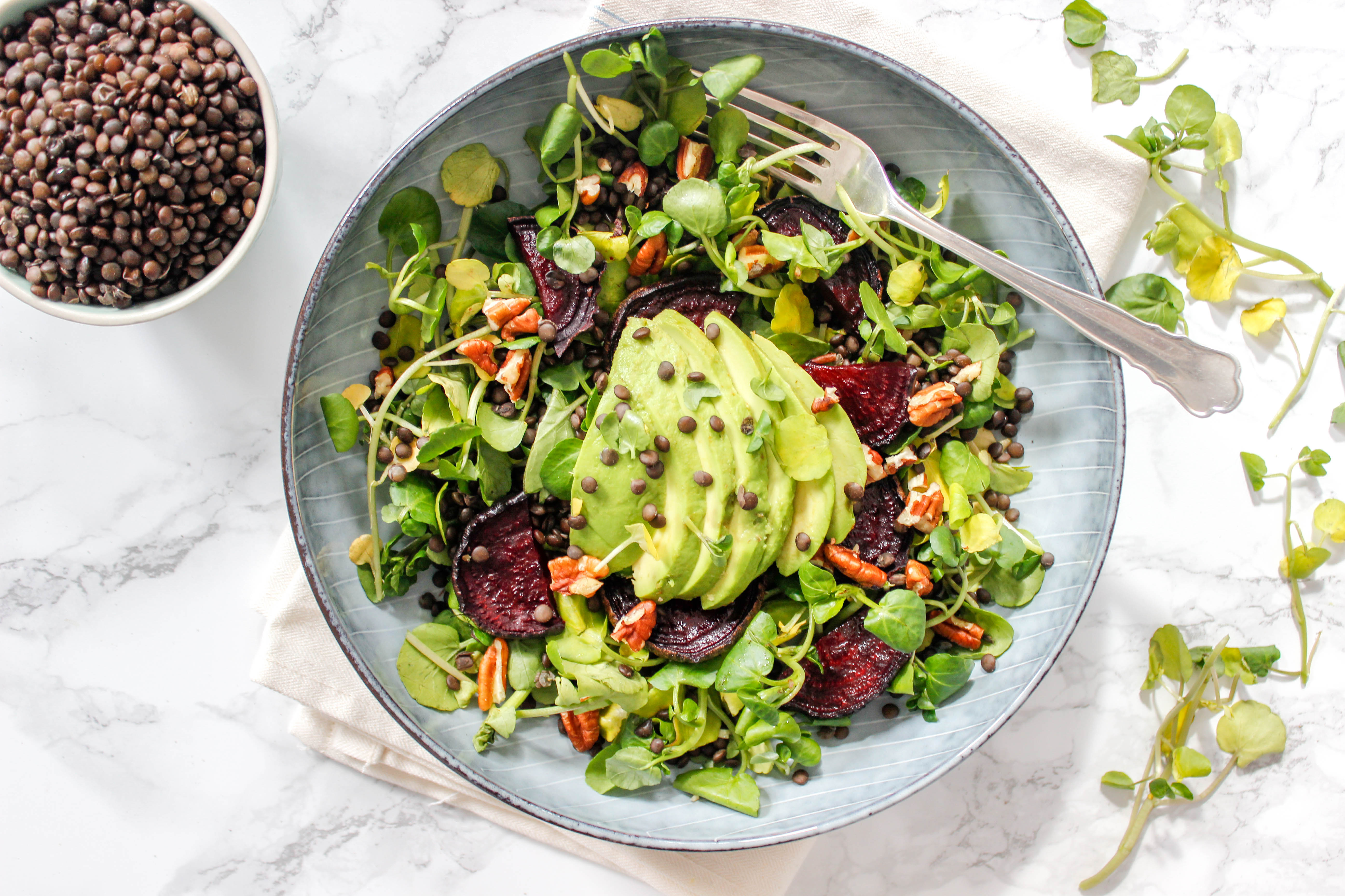 Watercress, Beetroot and Avocado Salad with Beluga Lentils - plant-based, vegan, gluten-free, dairy-free