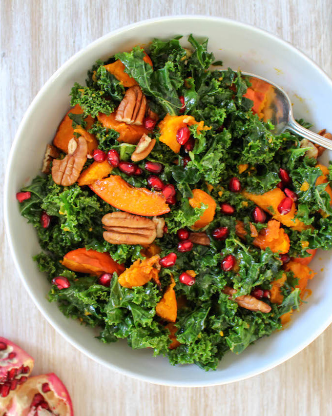 Massaged Kale Salad with Roasted Pumpkin Squash - plant based, vegan, gluten free, refined sugar free - heavenlynnhealthy.com