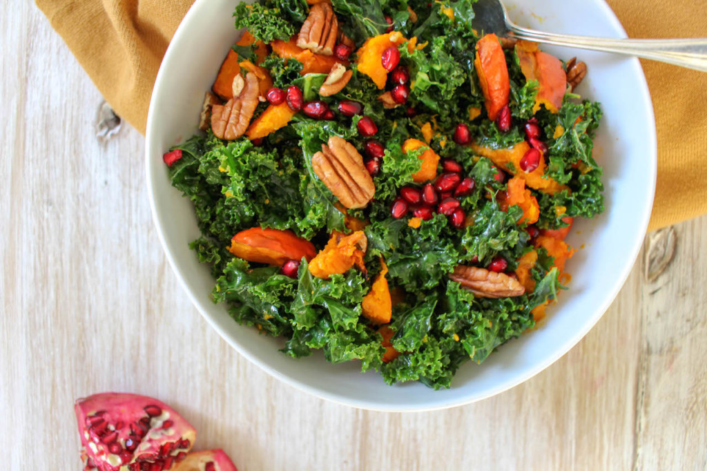 Massaged Kale Salad with Roasted Pumpkin Squash - plant based, vegan, gluten free, refined sugar free - heavenlynnhealthy.com