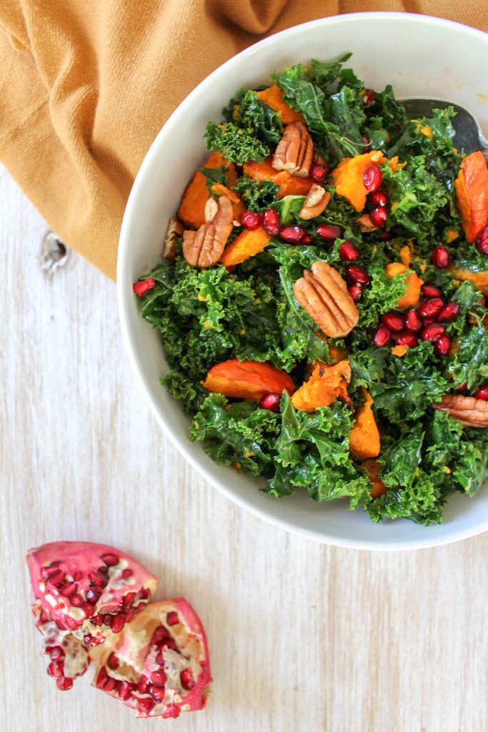 Massaged Kale Salad with Roasted Pumpkin Squash - plant based, vegan, gluten free, refined sugar free - heavenlynnhealthy.com