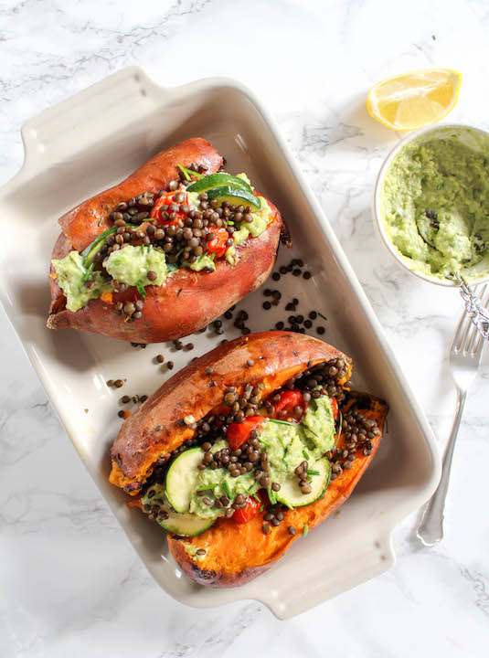 Stuffed Sweet Potato with Cashew Chives Chutney & Beluga Lentils - plant based, gluten free, dairy-free, vegan - heavenlynnhealthy.com