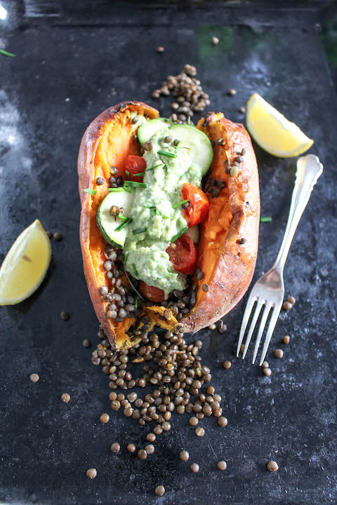 Stuffed Sweet Potato with Cashew Chives Chutney & Beluga Lentils - plant based, gluten free, dairy-free, vegan - heavenlynnhealthy.com