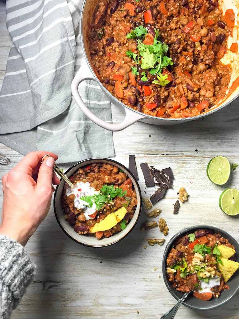 Bean and Buckwheat Chili with Dark Chocolate - plant-based, vegan, vegetarian, refined sugar free, gluten free - heavenlynnhealthy.com