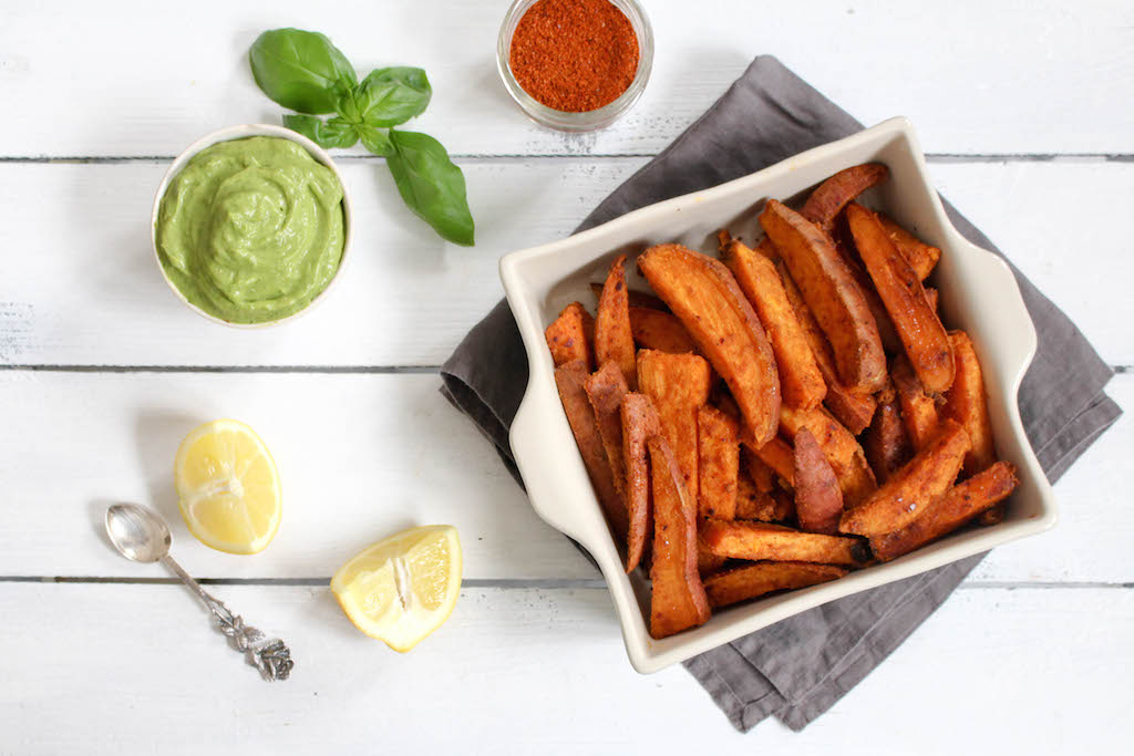 Harissa Spiced Sweet Potato Wedges with Spicy Avocado Dip
