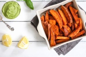 Harissa Spiced Sweet Potato Wedges with spicy Avocado Dip - plant based, gluten free, refined sugar free - heavenlynnhealthy.com