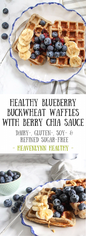 Healthy Blueberry Buckwheat Waffles with Berry Chia Sauce - plant based, gluten free, vegan, refined sugar free - heavenlynnhealthy.com