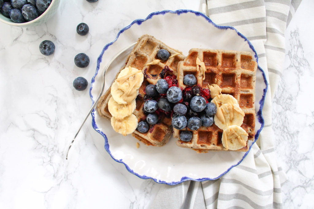 Healthy Blueberry Buckwheat Waffles with Berry Chia Sauce