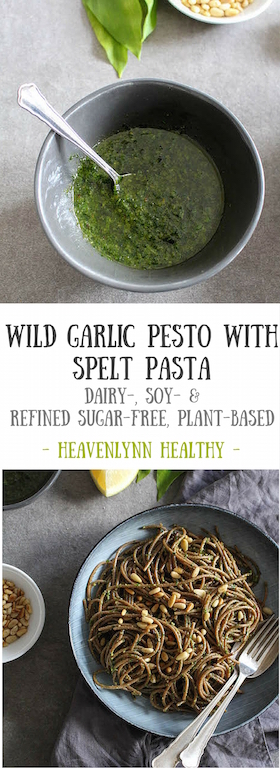 Wild garlic pesto with spelt pasta - plant based, refined sugar free, vegan - heavenlynnhealthy.com