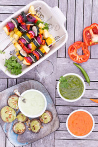 Grilled Mango & Pineapple Vegetable Skewers with Mojo Rojo & Mojo Verde - plant based, gluten free, refined sugar free, vegan, vegetarian - heavenlynnhealthy.com