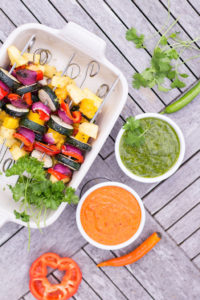 Grilled Mango & Pineapple Vegetable Skewers with Mojo Rojo & Mojo Verde - plant based, gluten free, refined sugar free, vegan, vegetarian - heavenlynnhealthy.com
