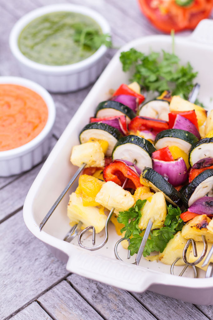 Grilled Mango & Pineapple Vegetable Skewers with Mojo Rojo & Mojo Verde - plant based, gluten free, refined sugar free, vegan, vegetarian - heavenlynnhealthy.com