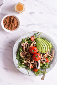 Tamari sautéed mushroom salad with rocket and mole dressing - plant based, gluten free, vegetarian, vegan option, refined sugar free - heavenlynnhealthy.com