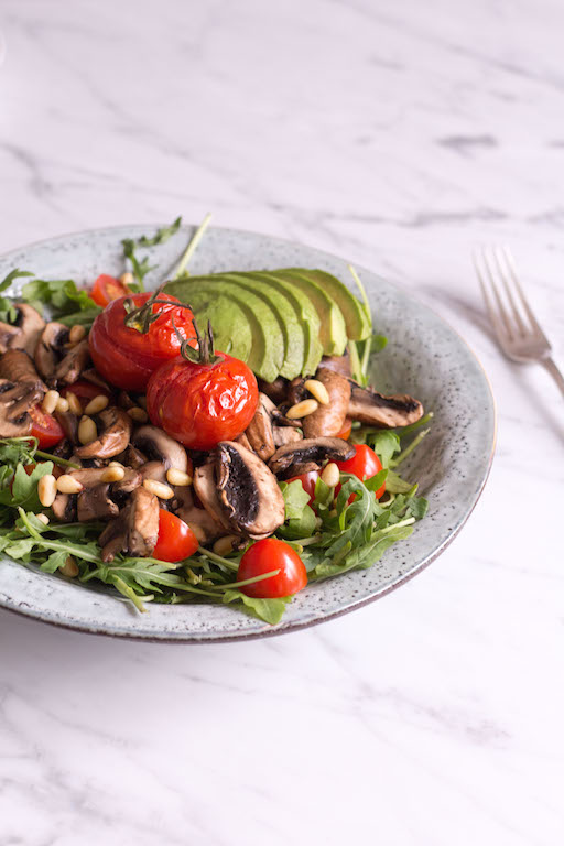 Tamari sautéed mushroom salad with rocket and mole dressing - plant based, gluten free, vegetarian, vegan option, refined sugar free - heavenlynnhealthy.com