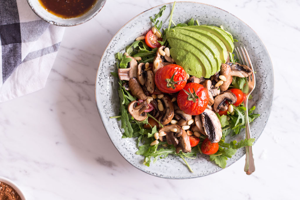 Tamari sautéed mushroom salad with rocket and mole dressing - plant based, gluten free, vegetarian, vegan option, refined sugar free - heavenlynnhealthy.com