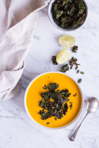 My favorite pumpkin soup with kale chips - vegan, plant based, refined sugar free, gluten free, dairy free - heavenlynnhealthy.com