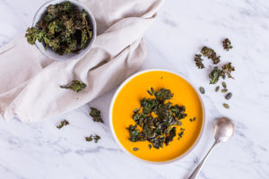 My favorite pumpkin soup with kale chips - vegan, plant based, refined sugar free, gluten free, dairy free - heavenlynnhealthy.com
