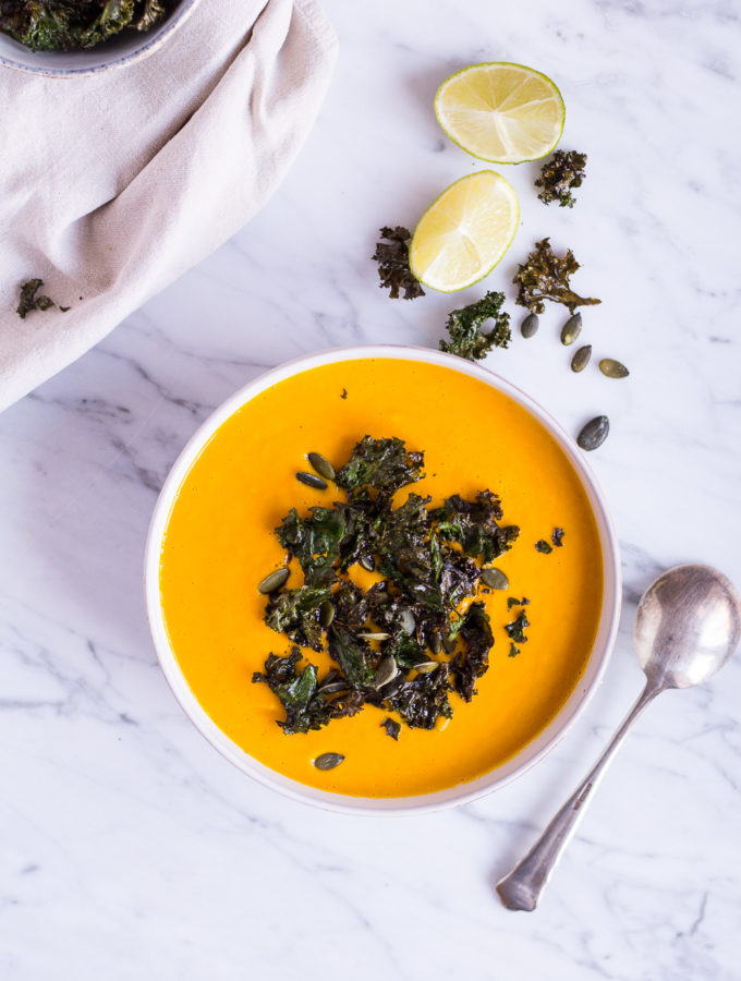 My favorite pumpkin soup with kale chips - vegan, plant based, refined sugar free, gluten free, dairy free - heavenlynnhealthy.com