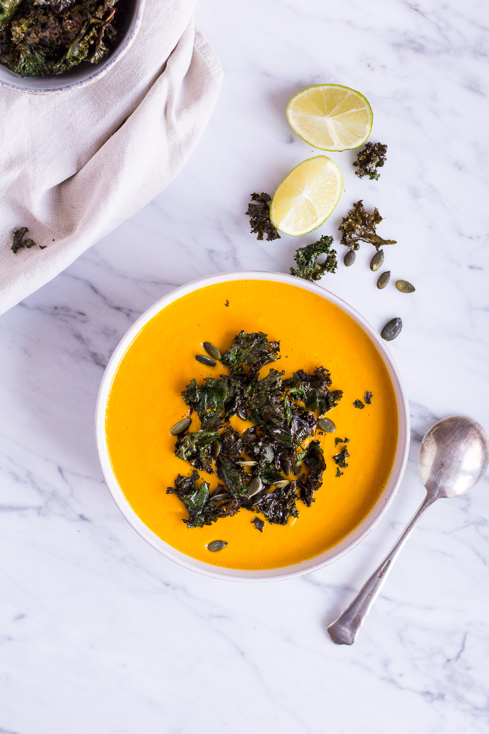 My favorite pumpkin soup with kale chips - vegan, plant based, refined sugar free, gluten free, dairy free - heavenlynnhealthy.com