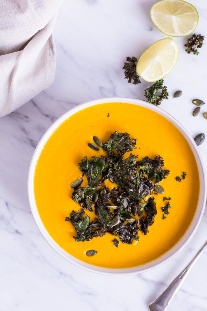 My favorite pumpkin soup with kale chips - vegan, plant based, refined sugar free, gluten free, dairy free - heavenlynnhealthy.com