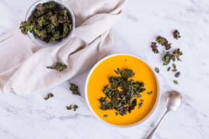 My favorite pumpkin soup with kale chips - vegan, plant based, refined sugar free, gluten free, dairy free - heavenlynnhealthy.com