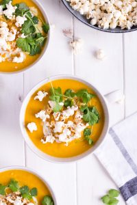 Christmas Menu Appetizer: Sweet Potato & Parsnip Soup with Truffle-Popcorn - plant based, vegan, gluten free, refined sugar free, dairy free - heavenlynnhealthy.com