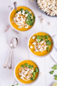 Christmas Menu Appetizer: Sweet Potato & Parsnip Soup with Truffle-Popcorn - plant based, vegan, gluten free, refined sugar free, dairy free - heavenlynnhealthy.com