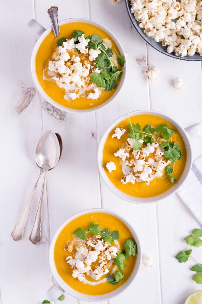 Christmas Menu Appetizer: Sweet Potato & Parsnip Soup with Truffle-Popcorn - plant based, vegan, gluten free, refined sugar free, dairy free - heavenlynnhealthy.com 