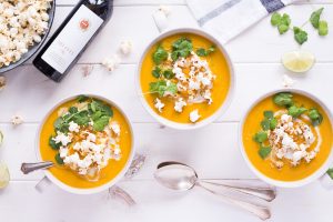 Christmas Menu Appetizer: Sweet Potato & Parsnip Soup with Truffle-Popcorn - plant based, vegan, gluten free, refined sugar free, dairy free - heavenlynnhealthy.com
