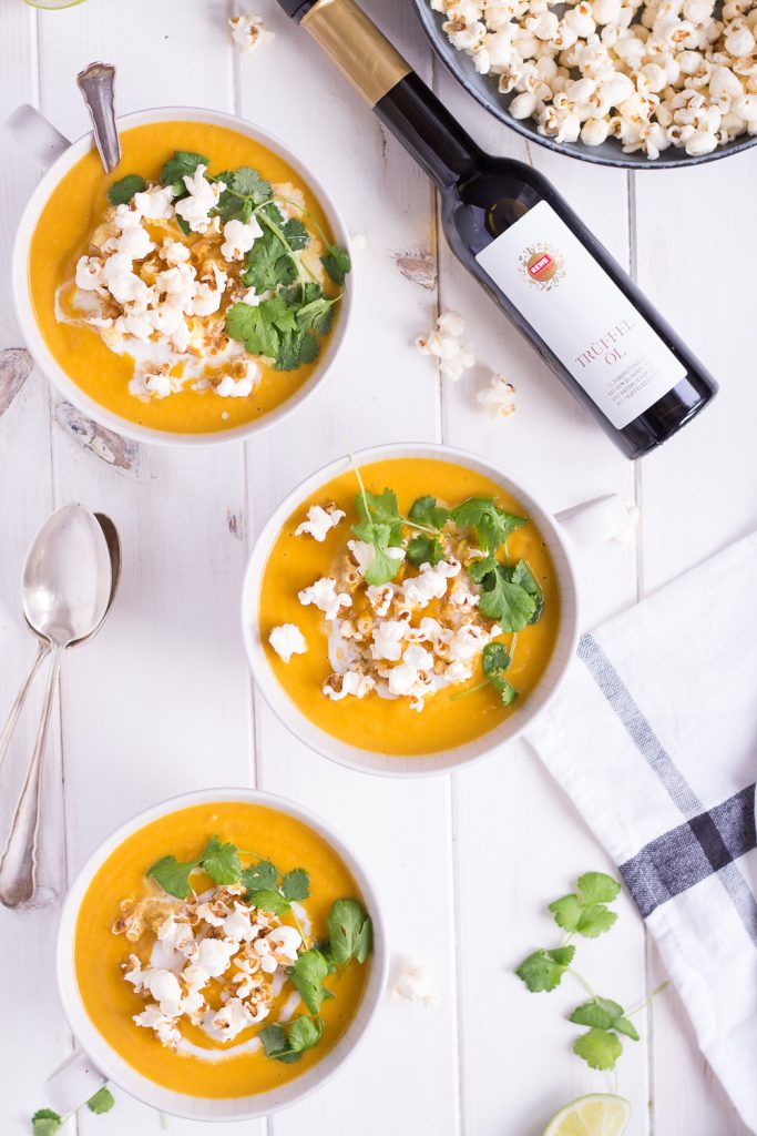 Christmas Menu Appetizer: Sweet Potato & Parsnip Soup with Truffle-Popcorn - plant based, vegan, gluten free, refined sugar free, dairy free - heavenlynnhealthy.com