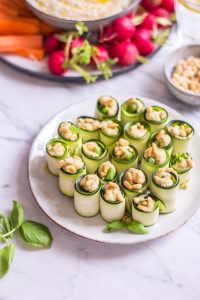 Finger Food Zucchini Basil Rolls with basil hummus - plant-based, vegan, gluten free, refined sugar free - heavenlynnhealthy.com