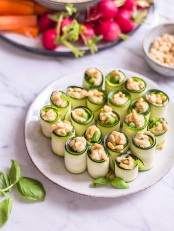 Finger Food Zucchini Basil Rolls with basil hummus - plant-based, vegan, gluten free, refined sugar free - heavenlynnhealthy.com