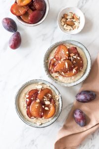 Gluten-free semolina pudding with stewed plums - plant-based, vegan, gluten free, refined sugar free - heavenlynnhealthy.com