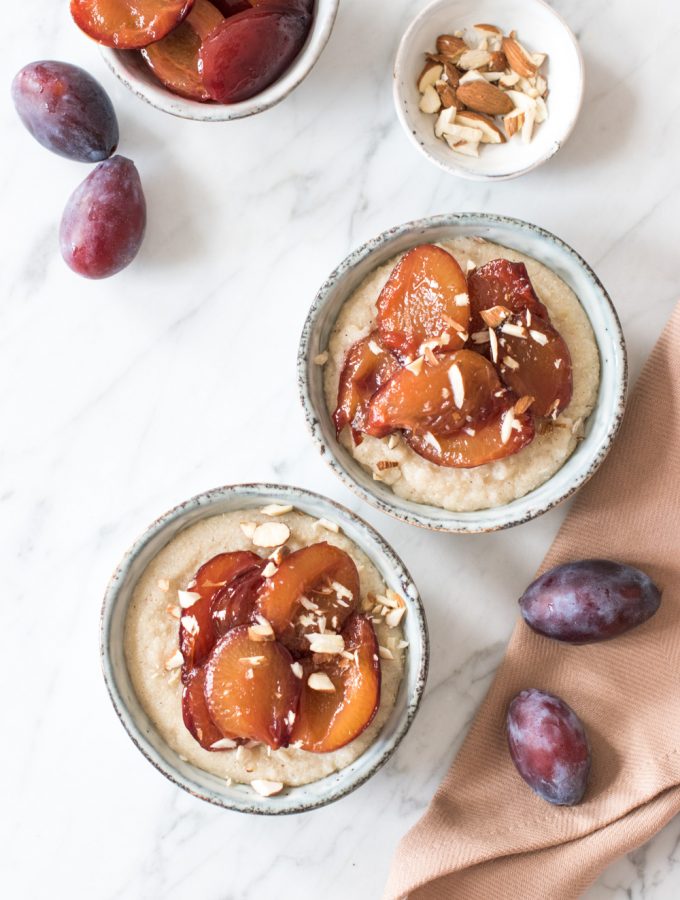 Gluten-free semolina pudding with stewed plums - plant-based, vegan, gluten free, refined sugar free - heavenlynnhealthy.com