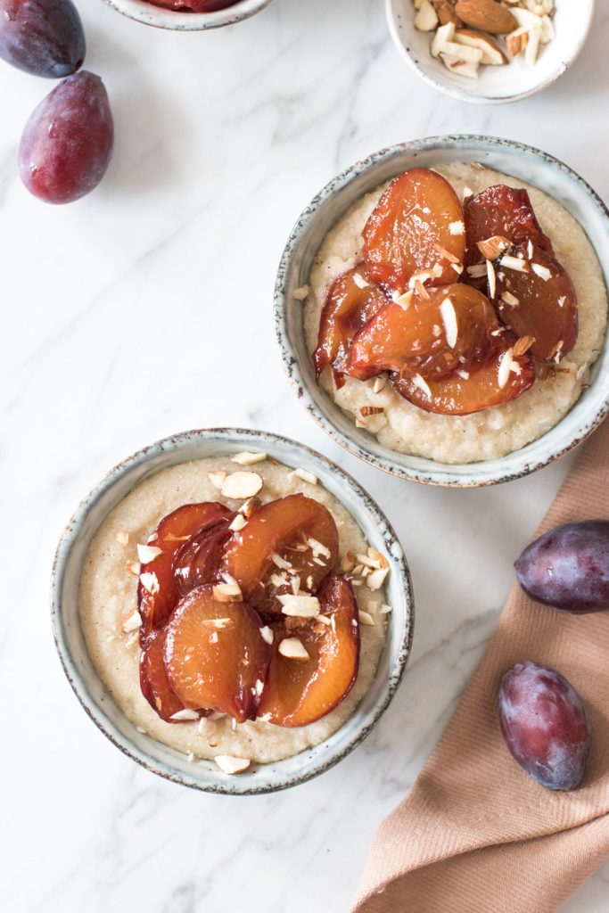 Gluten-free semolina pudding with stewed plums - plant-based, vegan, gluten free, refined sugar free - heavenlynnhealthy.com 